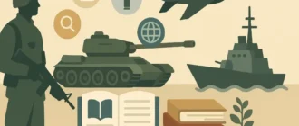 Иллюстрация в плоском стиле: силуэт солдата с автоматом, танк и военный корабль рядом с открытой книгой и стопкой учебников на бежевом фоне
