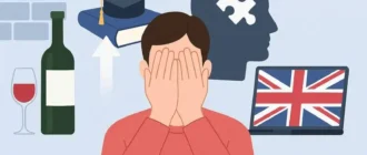 Мужчина с закрытым лицом, символы зависимостей и изучения английского языка, иллюстрация к статье о лечении алкоголизма и карьерном росте