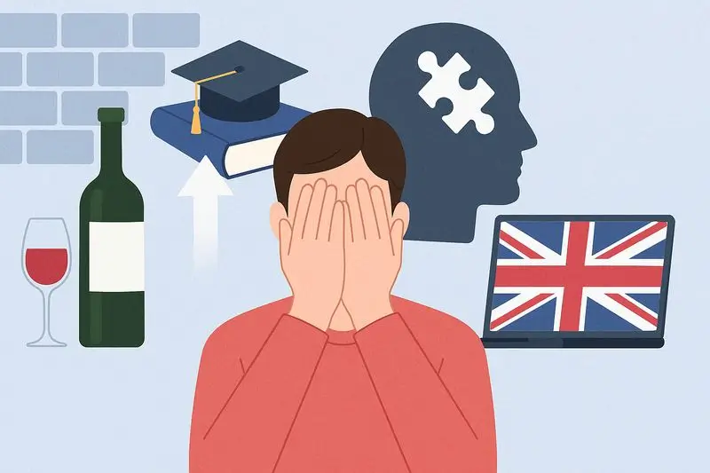 Мужчина с закрытым лицом, символы зависимостей и изучения английского языка, иллюстрация к статье о лечении алкоголизма и карьерном росте